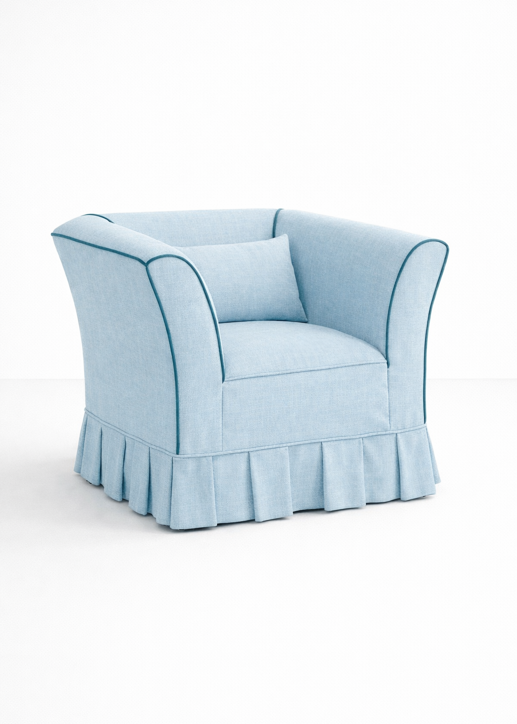 Powder blue upholstered armchair with contrast piping and skirted base.