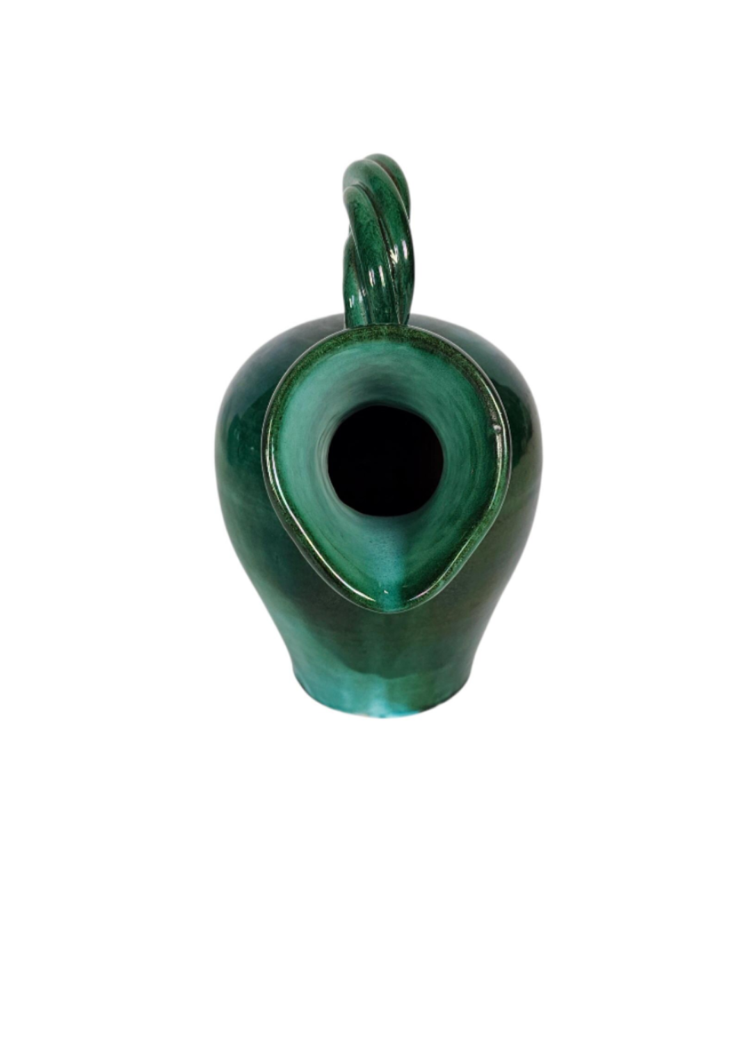 Deep green glaze and sculptural contours of a Belgian ceramic vase dating to the Art Deco period.