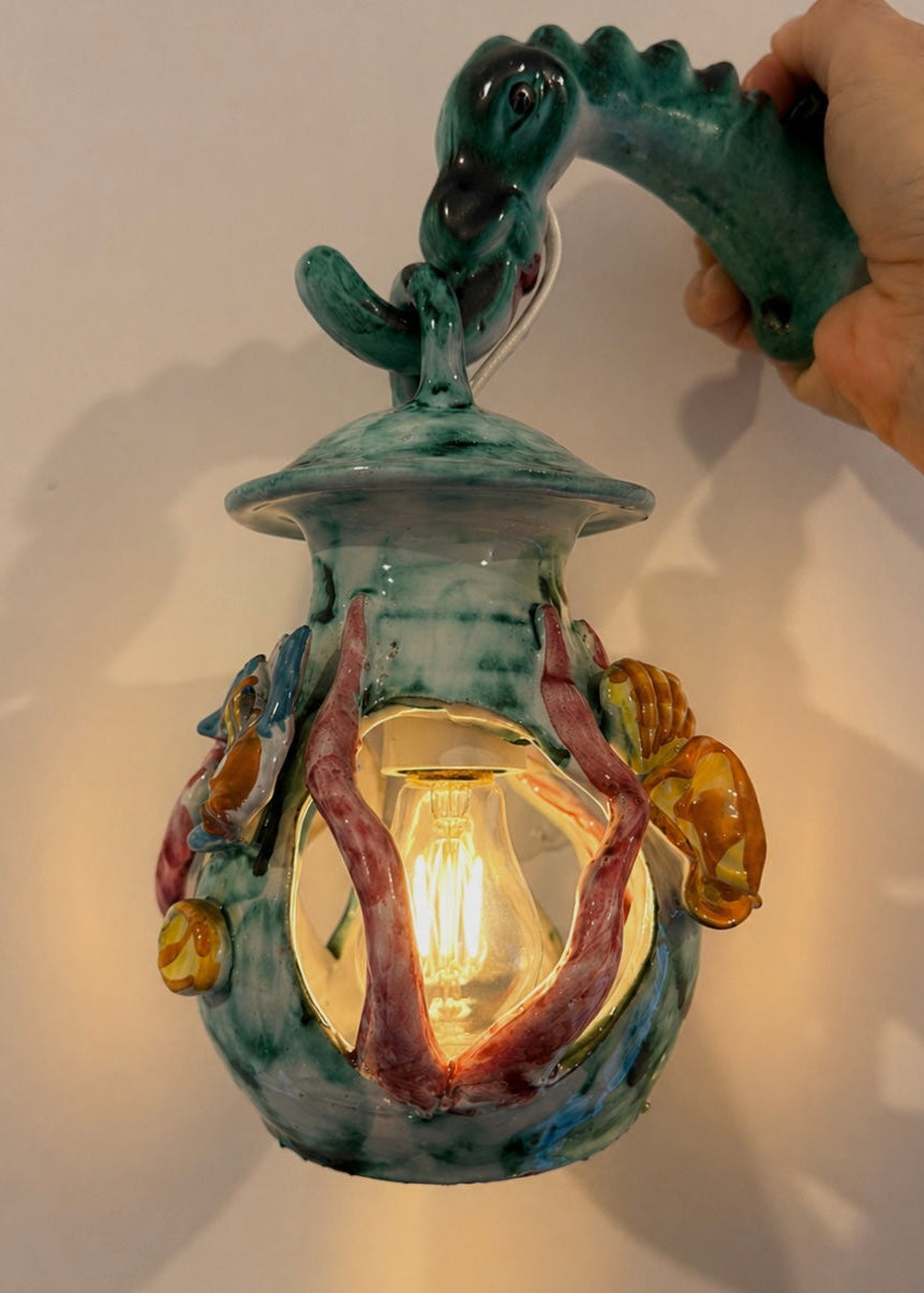 Vietri Ceramic Fish Lantern Wall Sconce, Italy, c.1960s-1970s