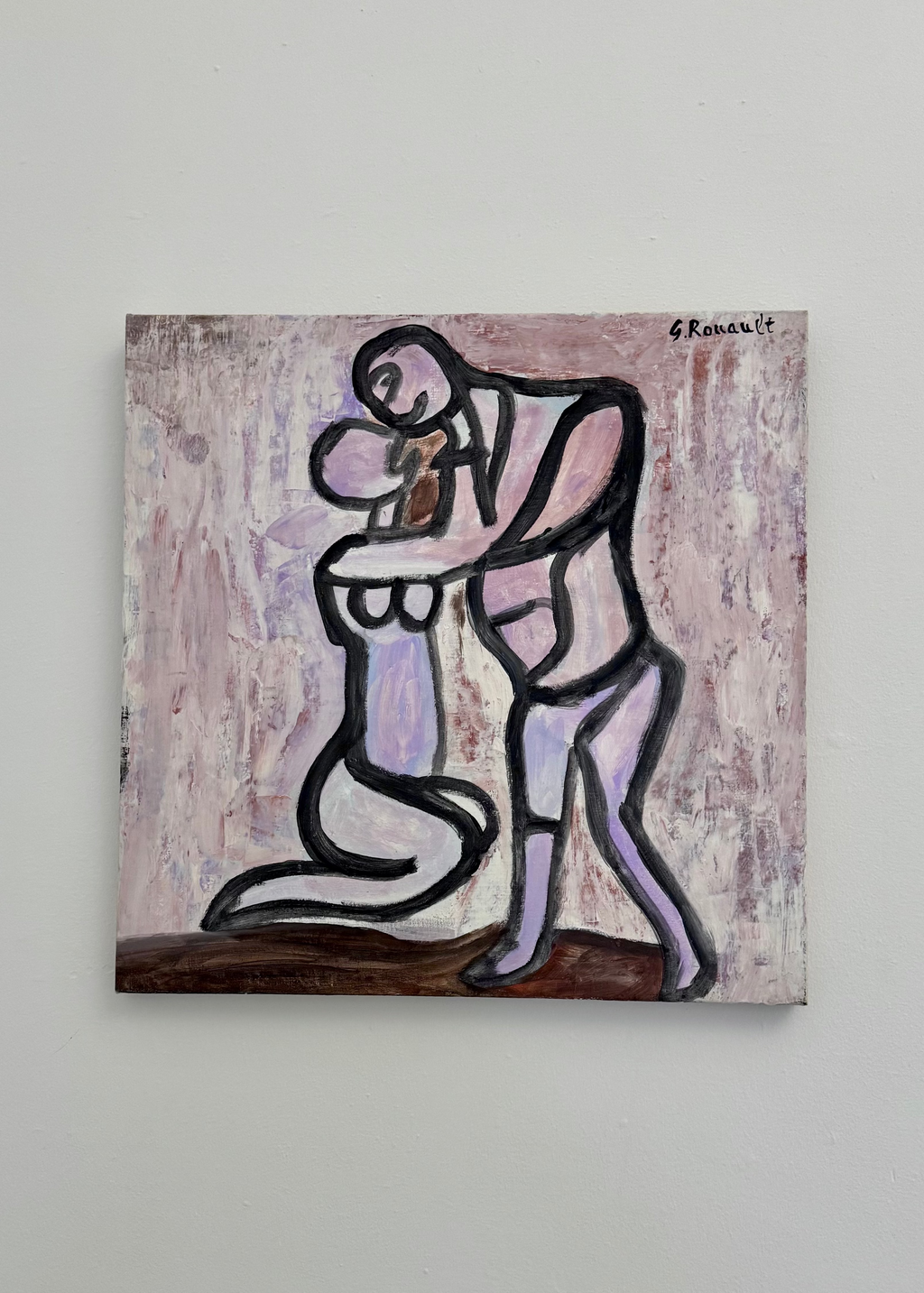 Abstract painting of a couple embracing on a textured background