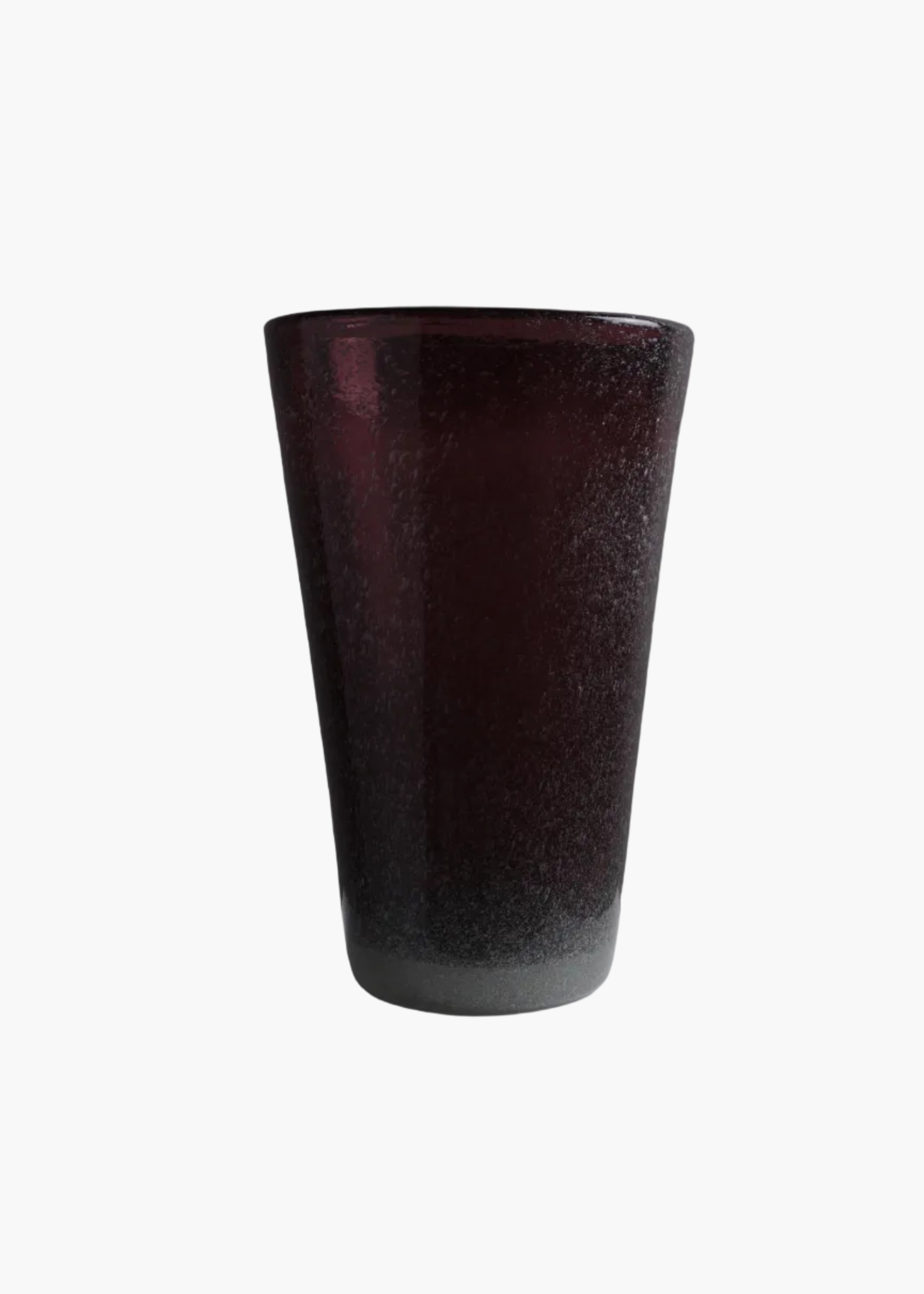A dark, textured glass vintage vase with a deep burgundy and black gradient, displayed on a white pedestal against a dark gray background.
