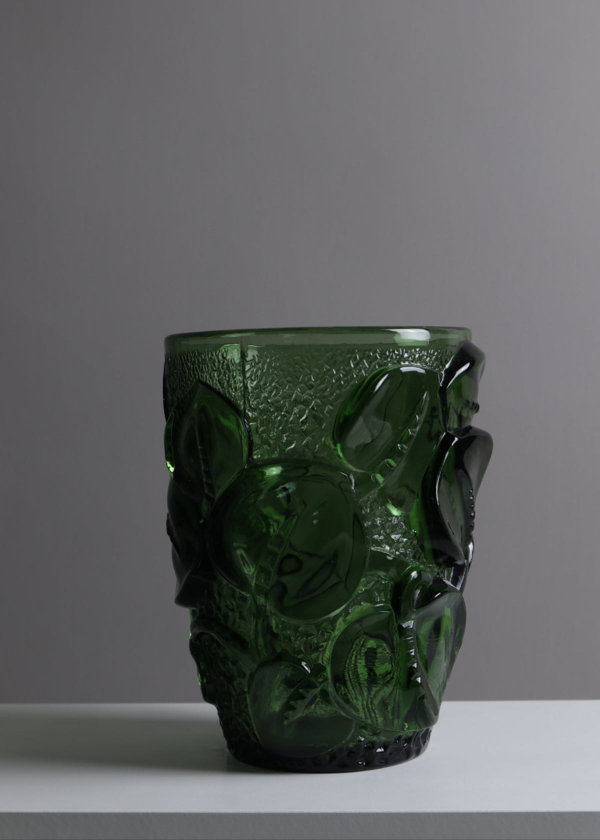 Green Glass Vase with Appliqué Leaf Relief, France, c.1970s