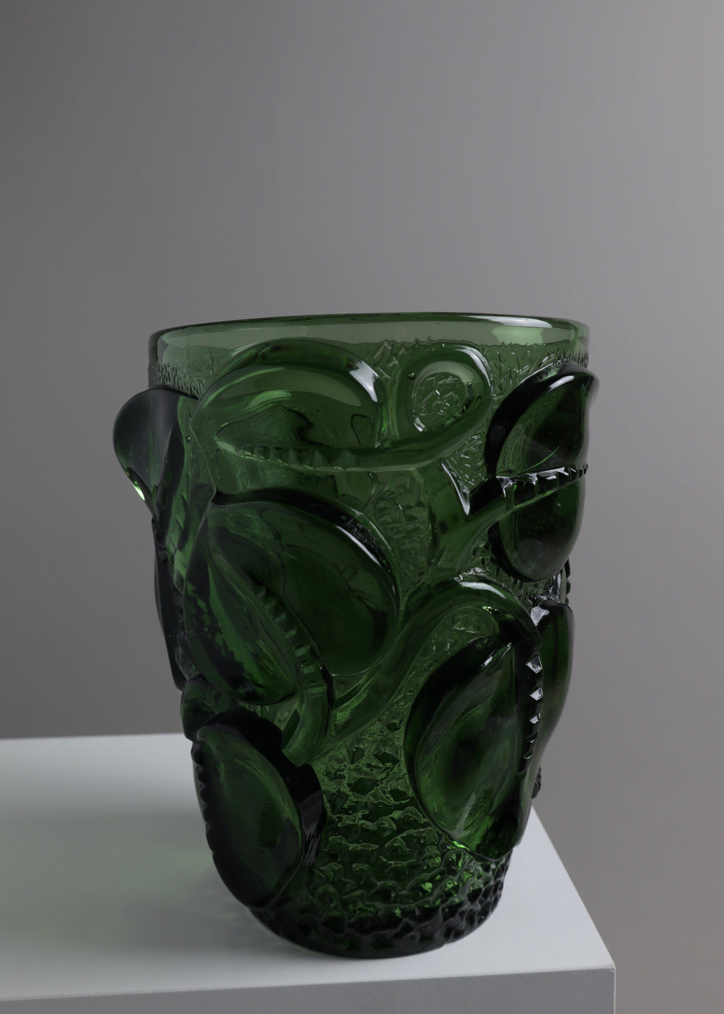 Green Glass Vase with Appliqué Leaf Relief, France, c.1970s
