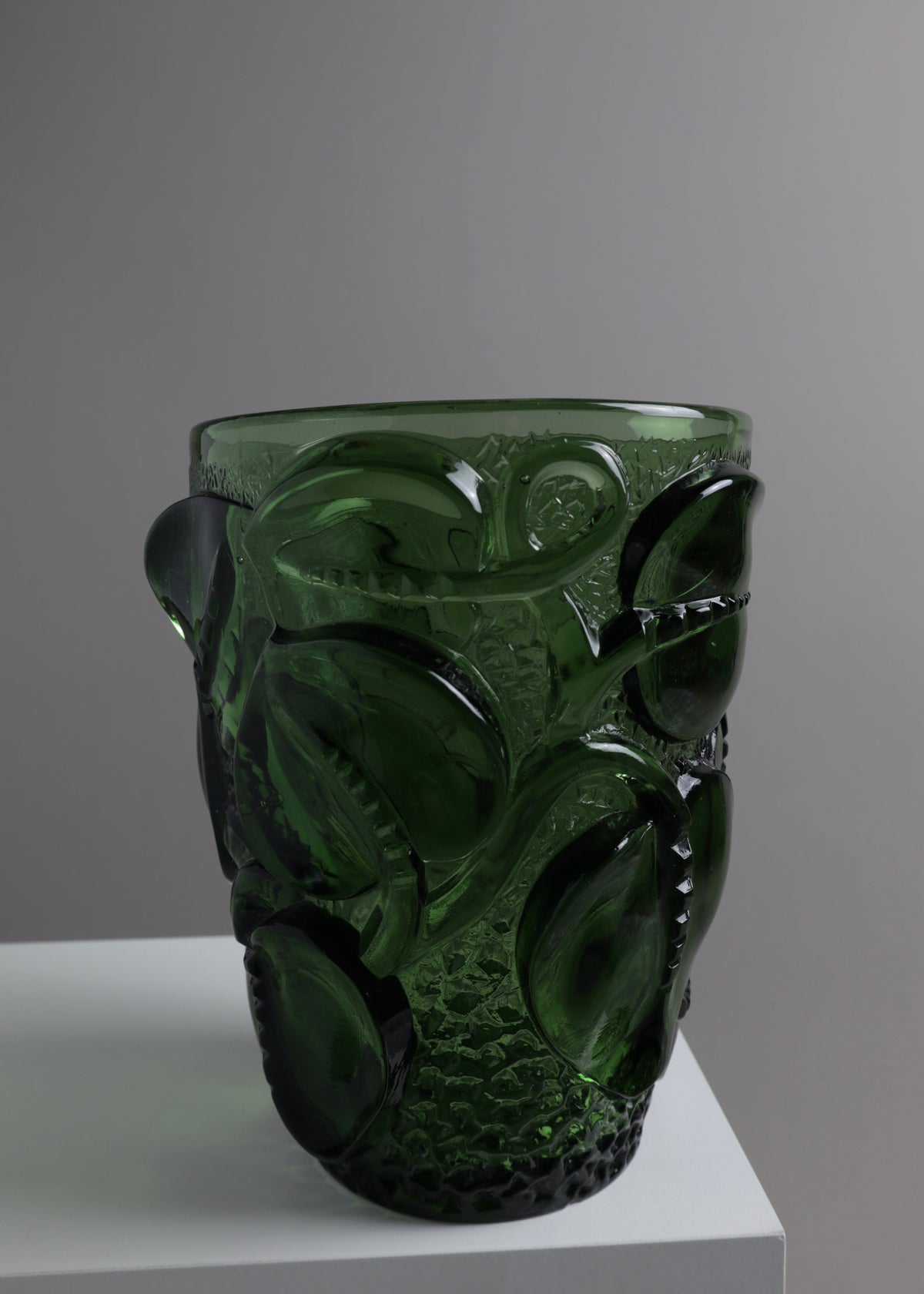 Green Glass Vase with Appliqué Leaf Relief, France, c.1970s