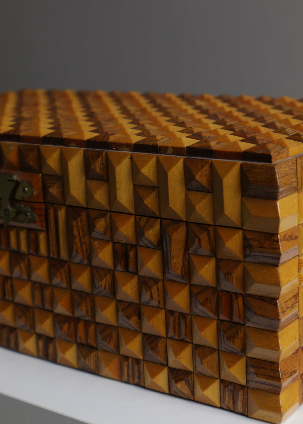 Geometric Burl Wood Folk Art Jewellery Box, c.1970s