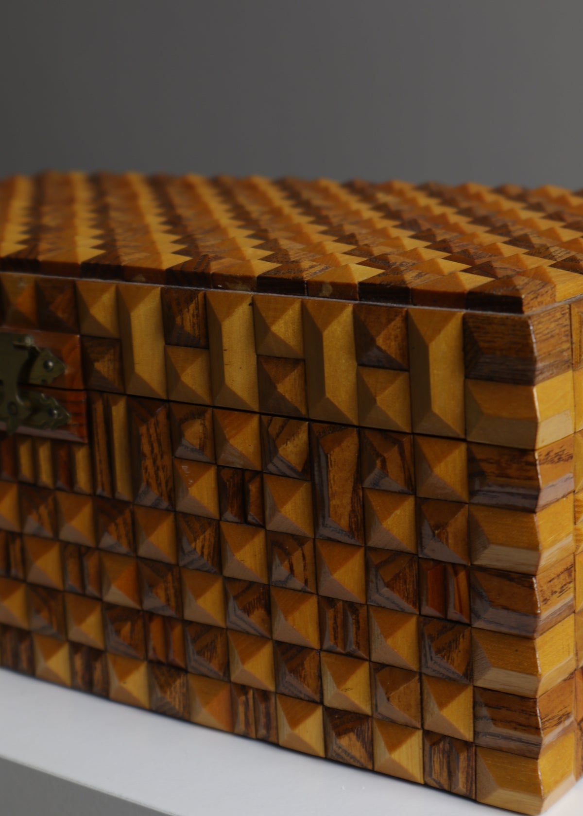 Geometric Burl Wood Folk Art Jewellery Box, c.1970s
