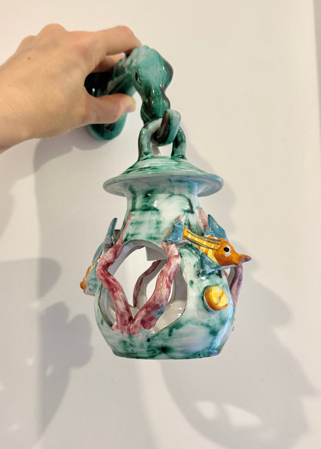 Vietri Ceramic Fish Lantern Wall Sconce, Italy, c.1960s-1970s