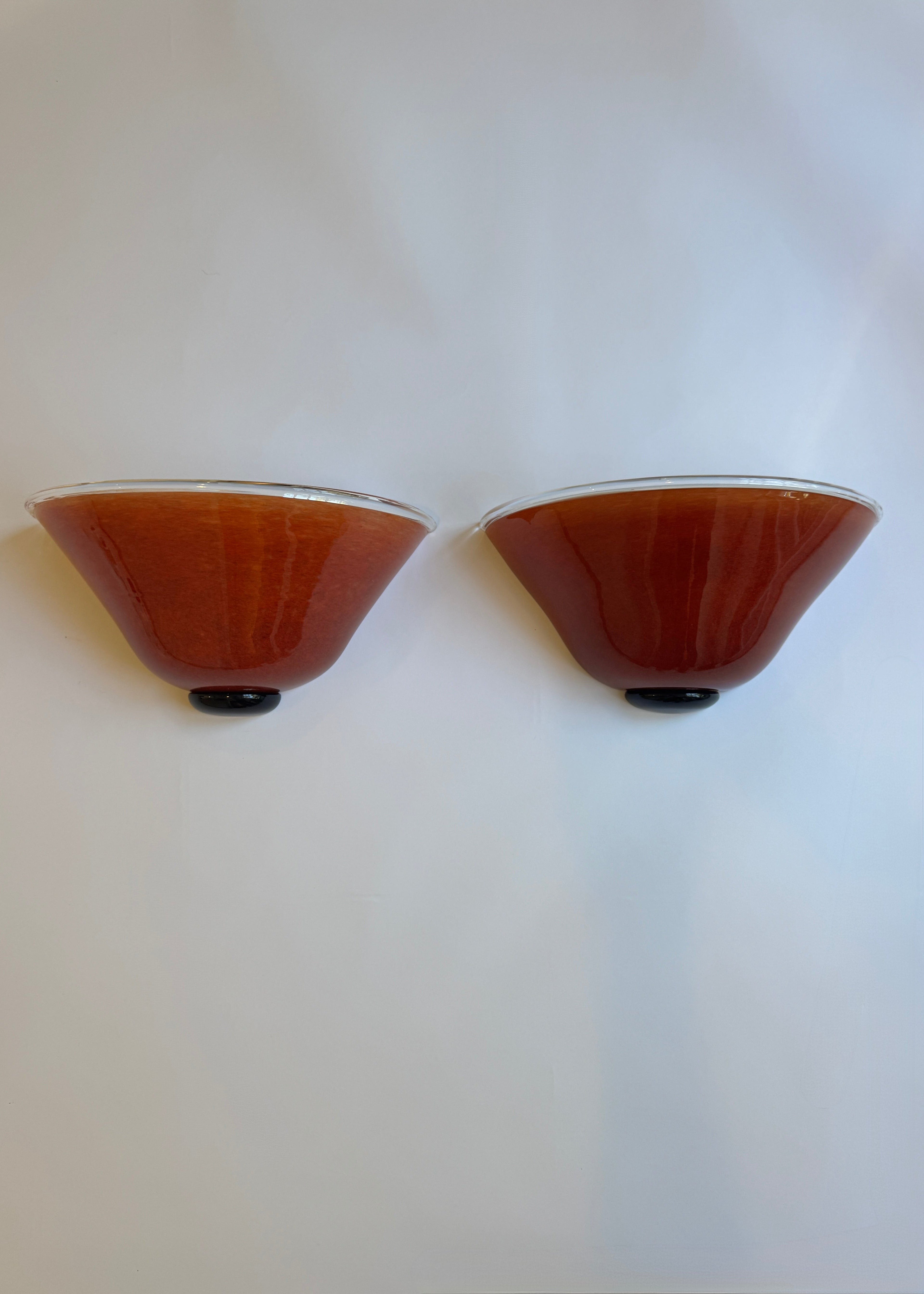 Pair of Barovier & Toso Red Murano Glass Wall Sconces, Italy, c.1990s