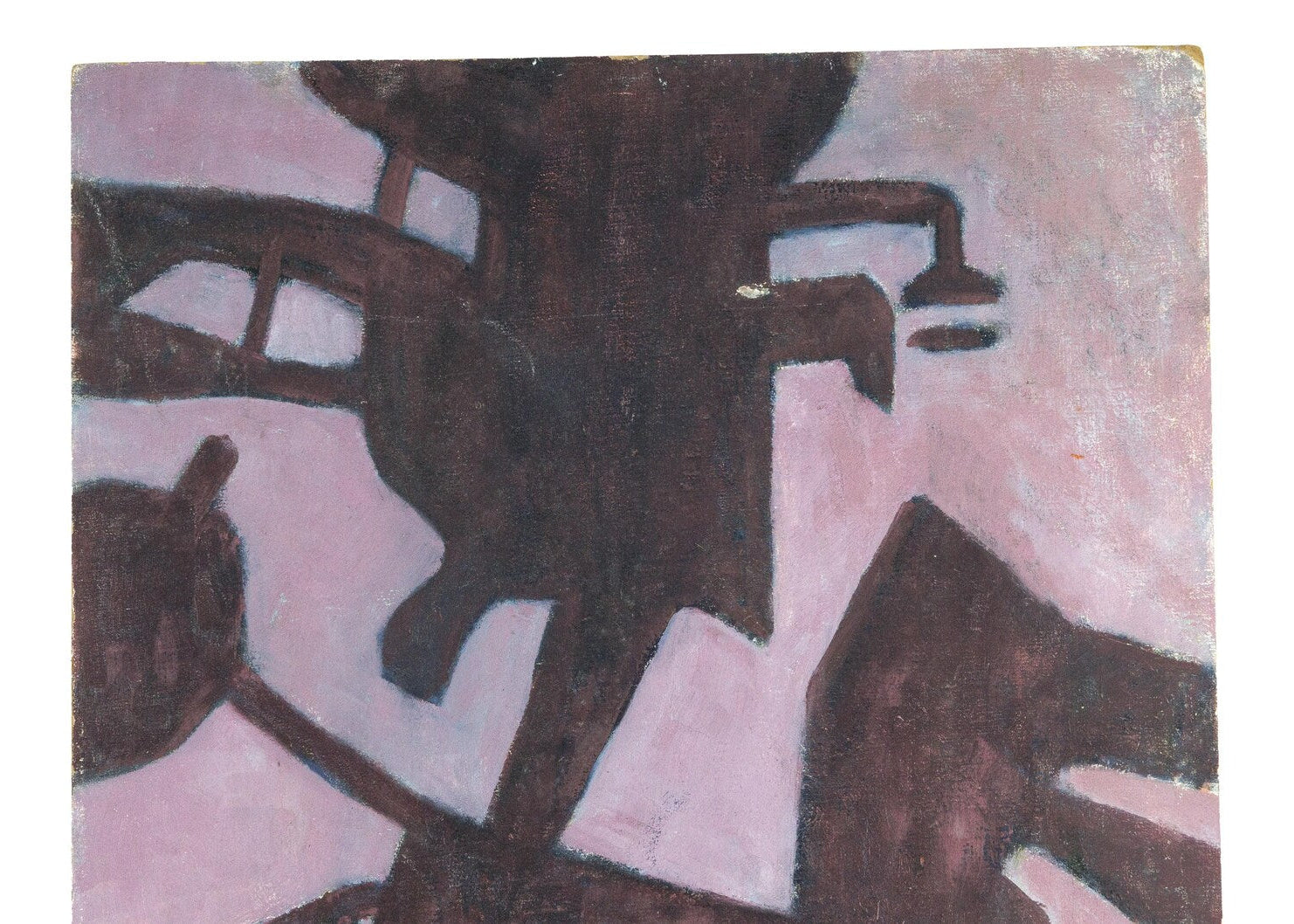 Modernist abstract painting with architectural silhouettes in muted mauve and brown tones.
