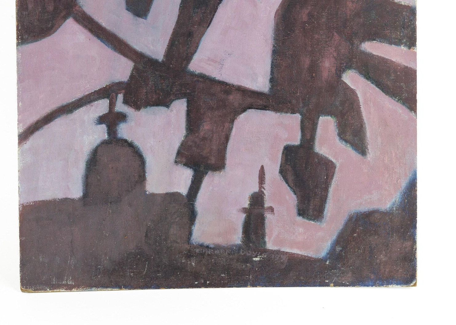 Modernist abstract painting with architectural silhouettes in muted mauve and brown tones.
