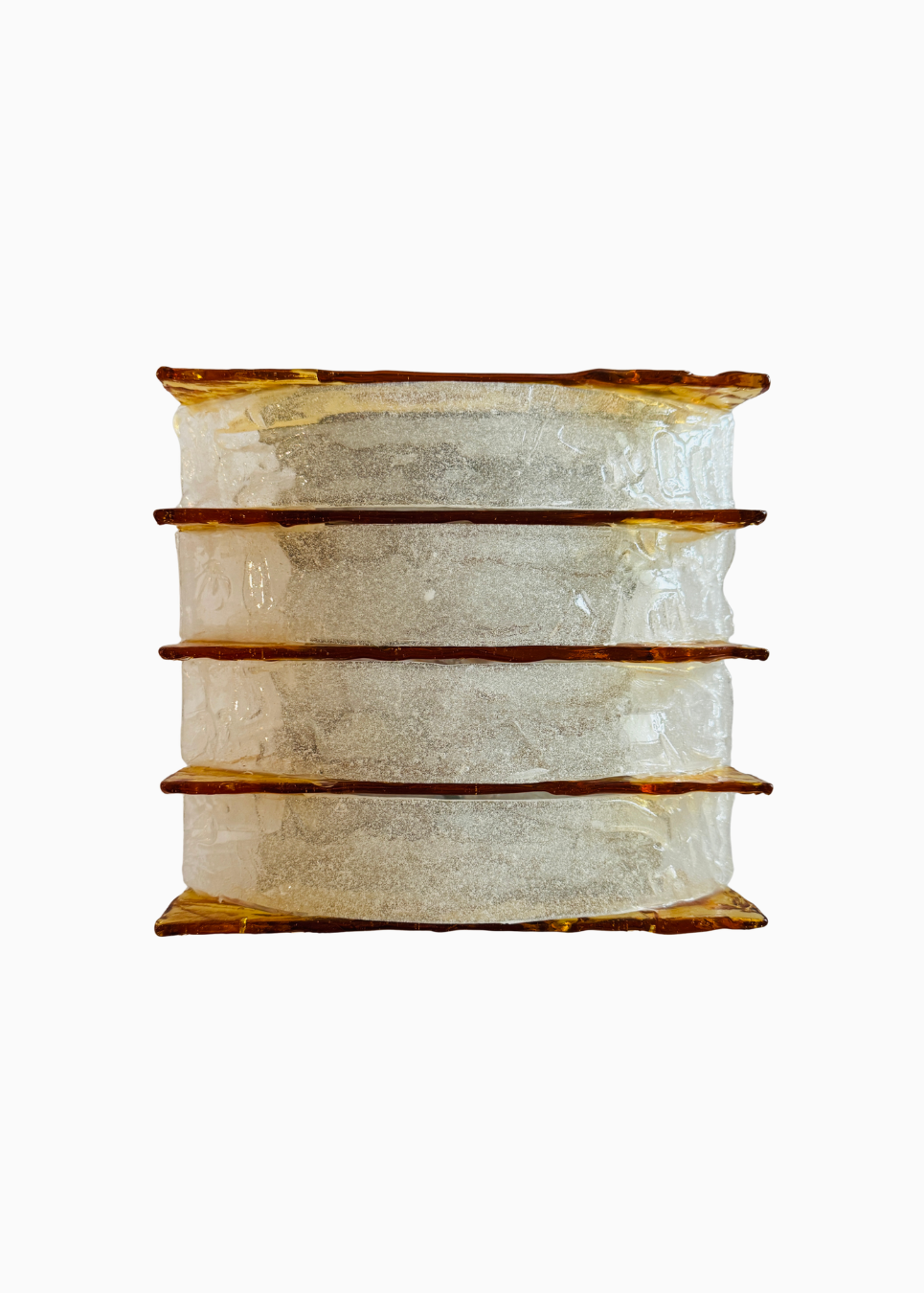 A vintage-style rectangular wall sconce featuring four stacked tiers of textured, crackled clear glass with warm amber-brown metallic trim, shown against a plain light gray background.