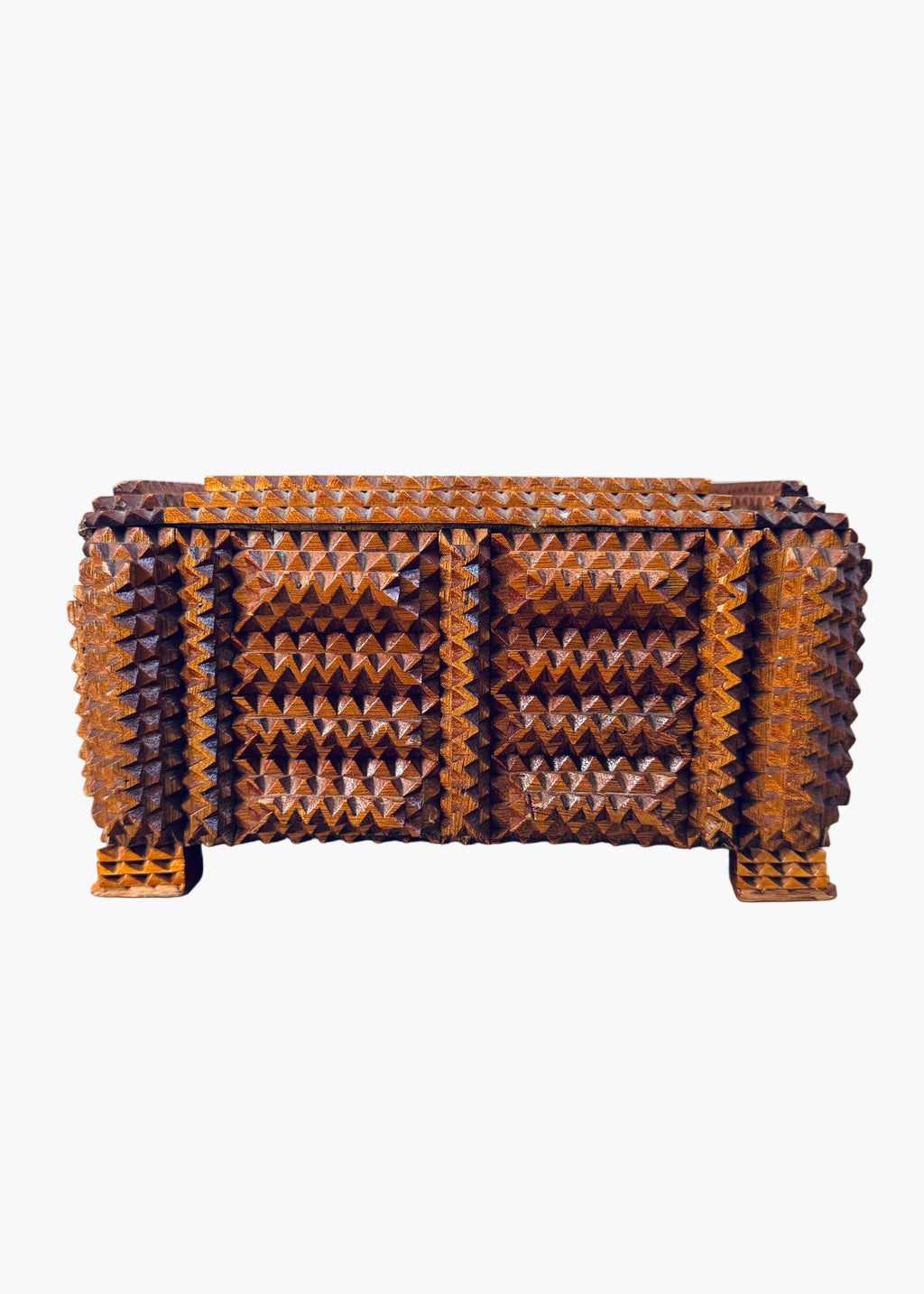 Antique 1936 tramp art wooden box with chip carved geometric pattern and stacked pedestal feet