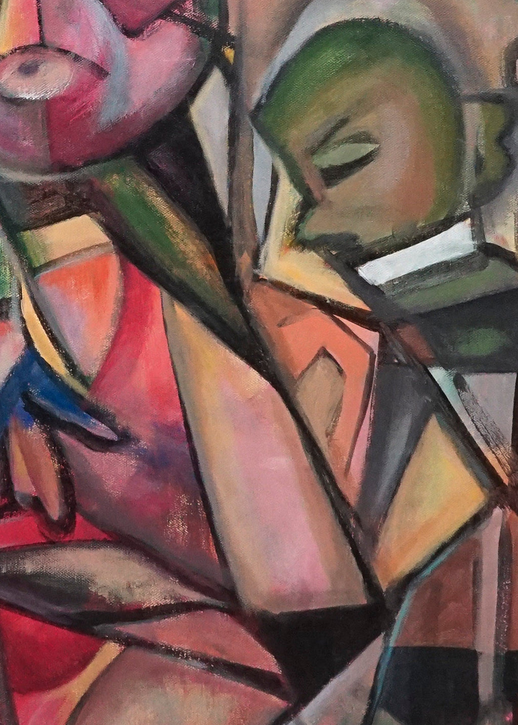 Cubist figurative oil painting by Tomoko, 1982, featuring angular abstracted human forms in layered colours.