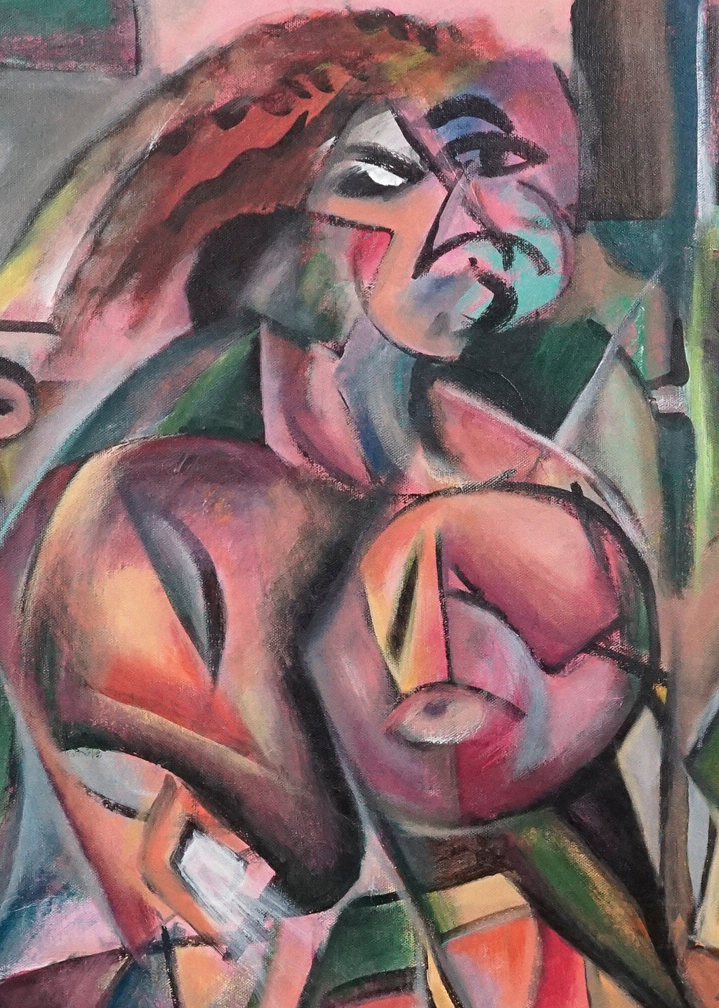 Cubist figurative oil painting by Tomoko, 1982, featuring angular abstracted human forms in layered colours.