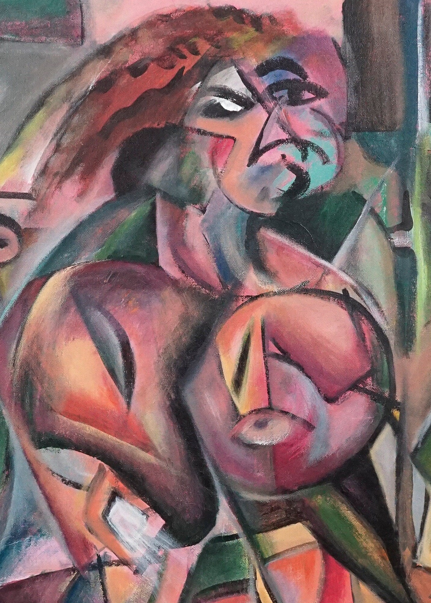 Cubist figurative oil painting by Tomoko, 1982, featuring angular abstracted human forms in layered colours.