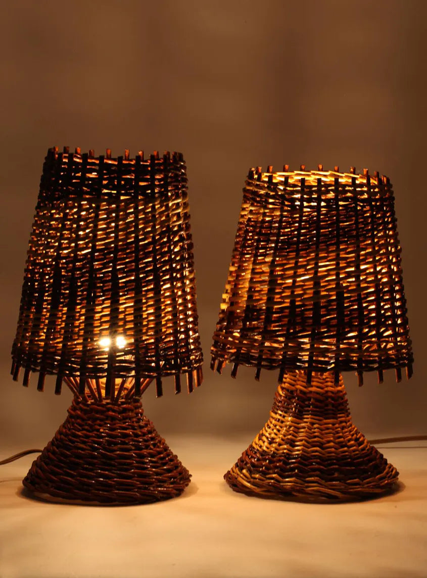 Pair of Italian Hand-Woven Wicker Table Lamps, c.1950s