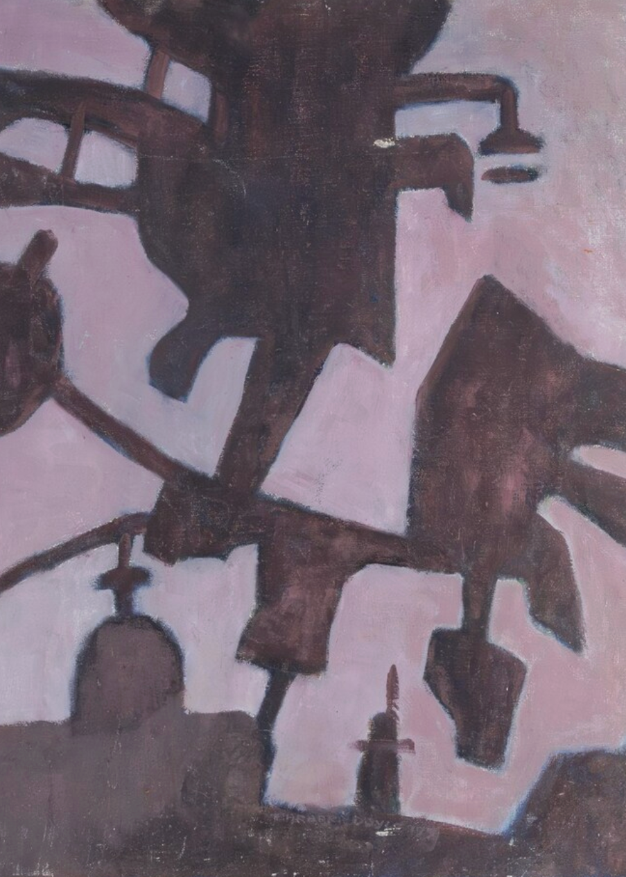 Modernist abstract painting with architectural silhouettes in muted mauve and brown tones.