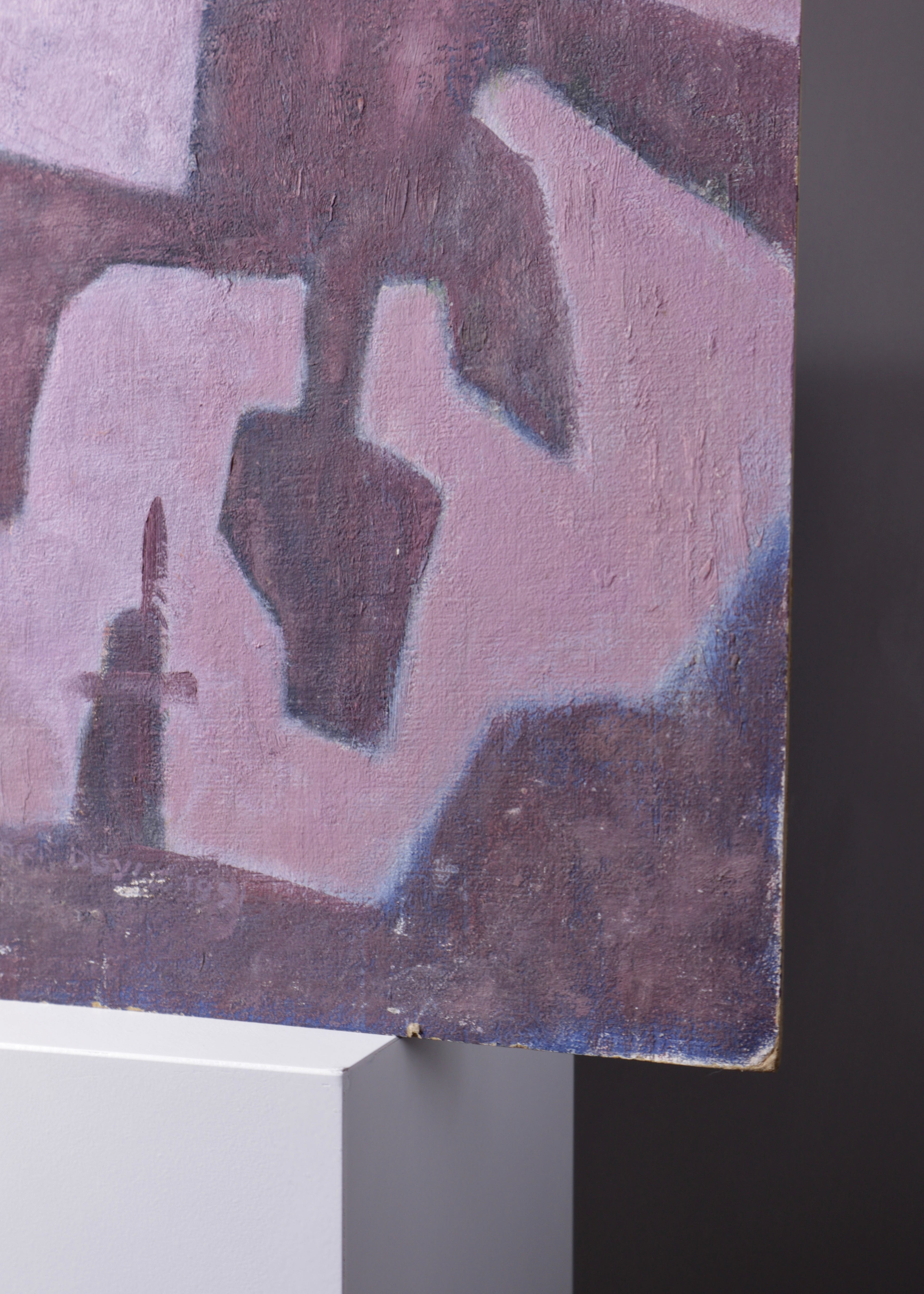 Modernist abstract painting with architectural silhouettes in muted mauve and brown tones.
