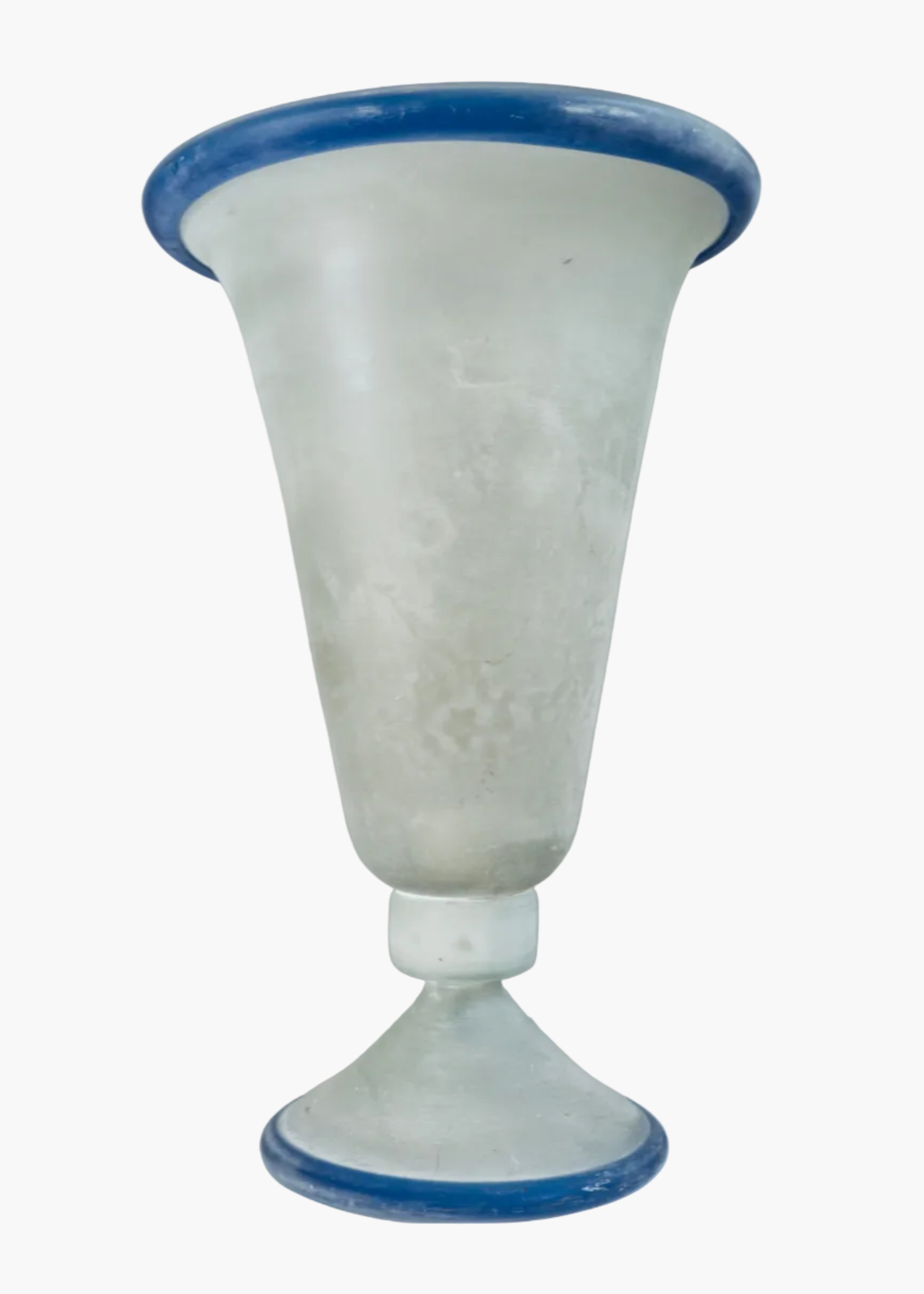 Large Murano scavo glass table lamp with cobalt blue rim, Italy 1980s, textured alabaster style glass lighting.