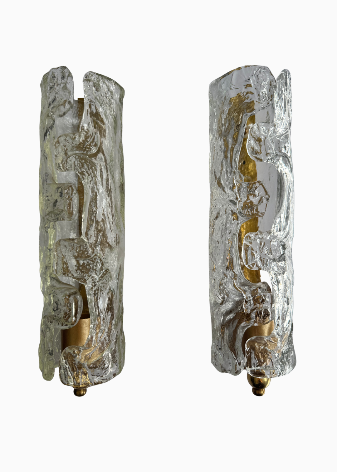 Pair of Italian Murano ice glass wall sconces from circa 1970s–1980s, featuring thick textured glass shades.