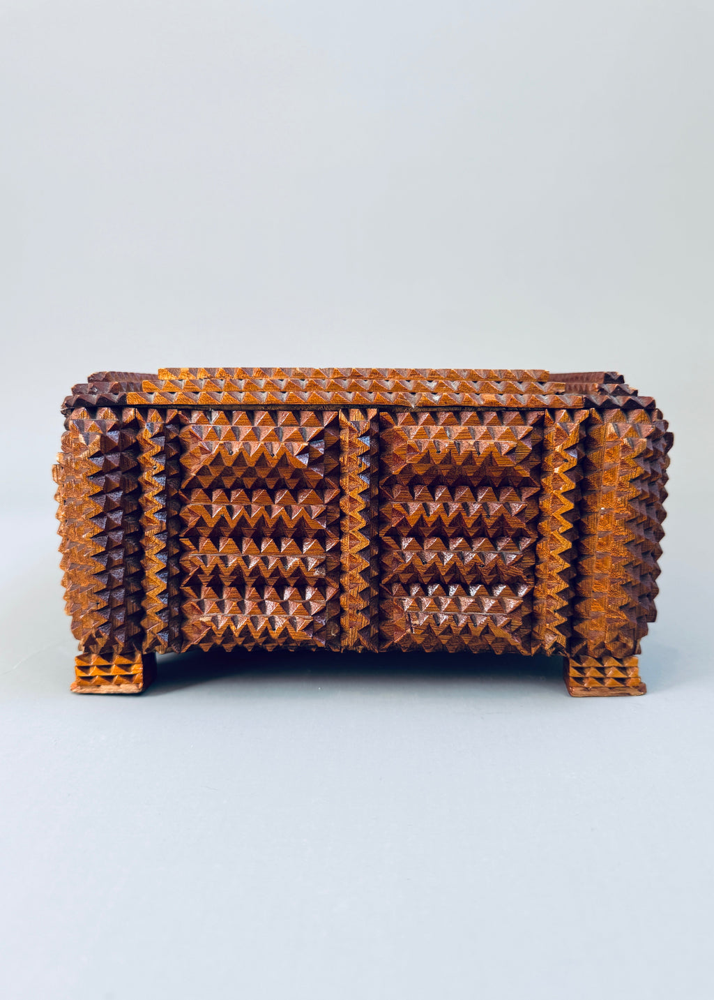 Chip-Carved Tramp Art Box on Stacked Pedestal Feet