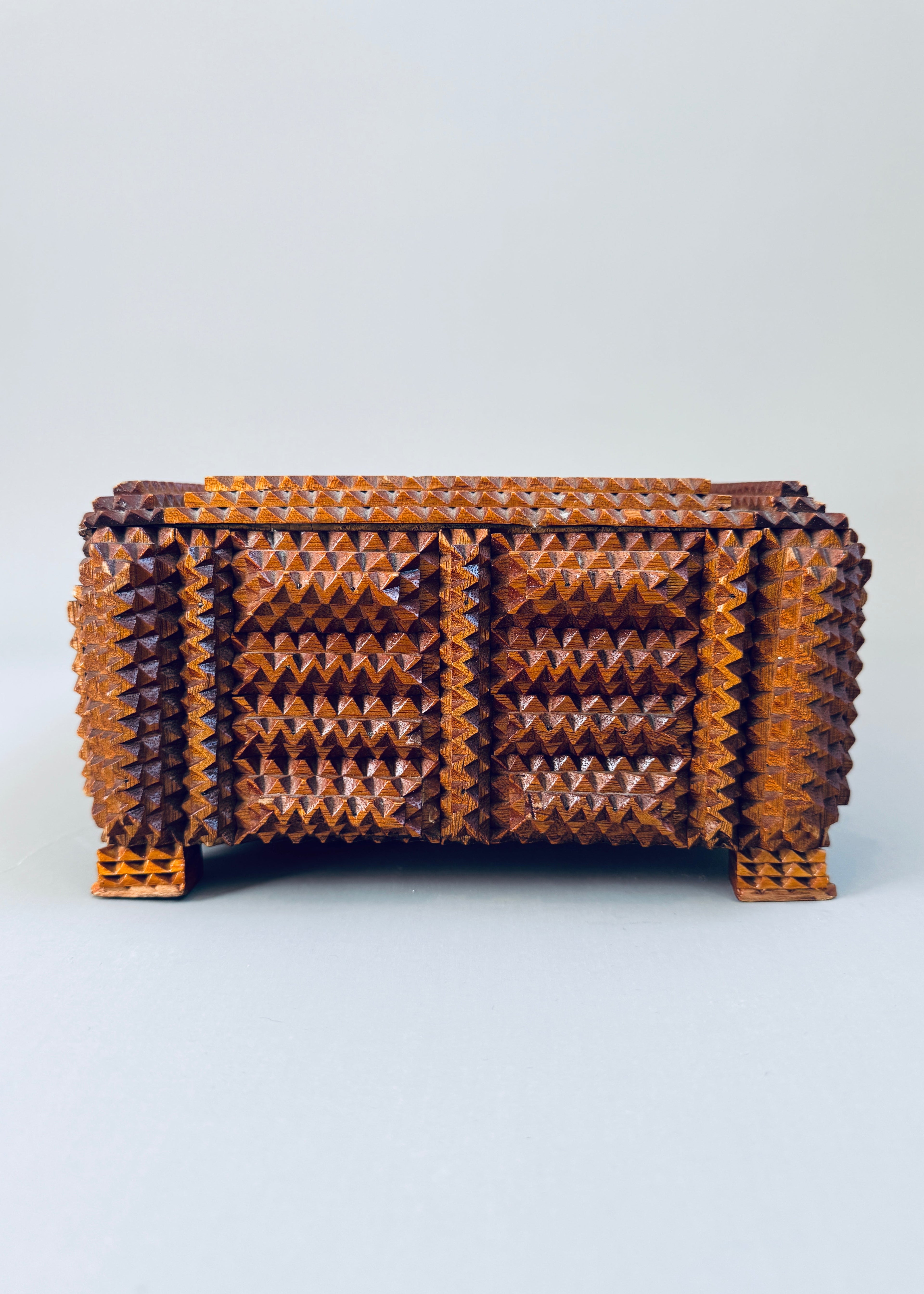 Chip-Carved Tramp Art Box on Stacked Pedestal Feet
