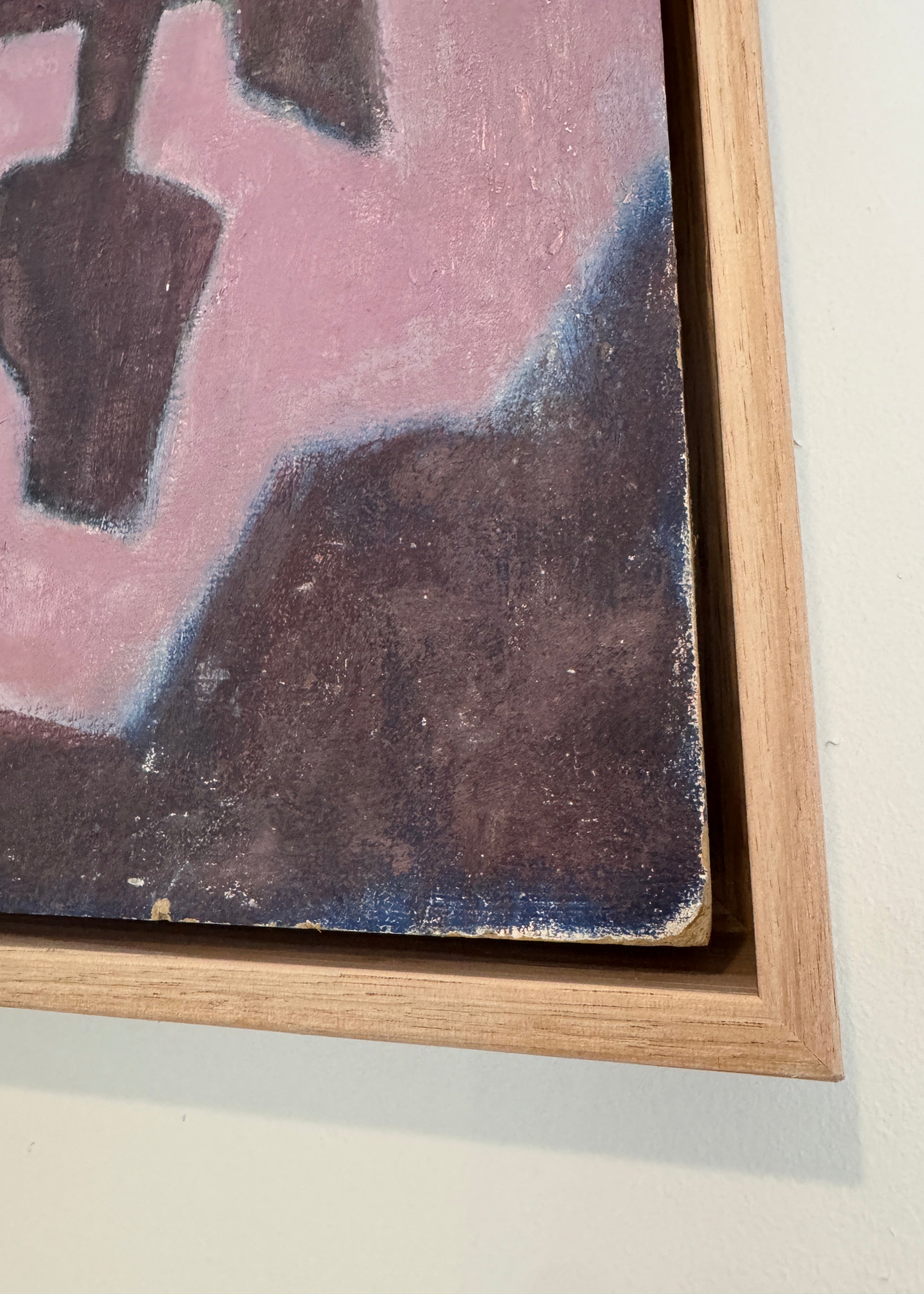 Vintage abstract painting in natural timber frame, modernist artwork side profile.