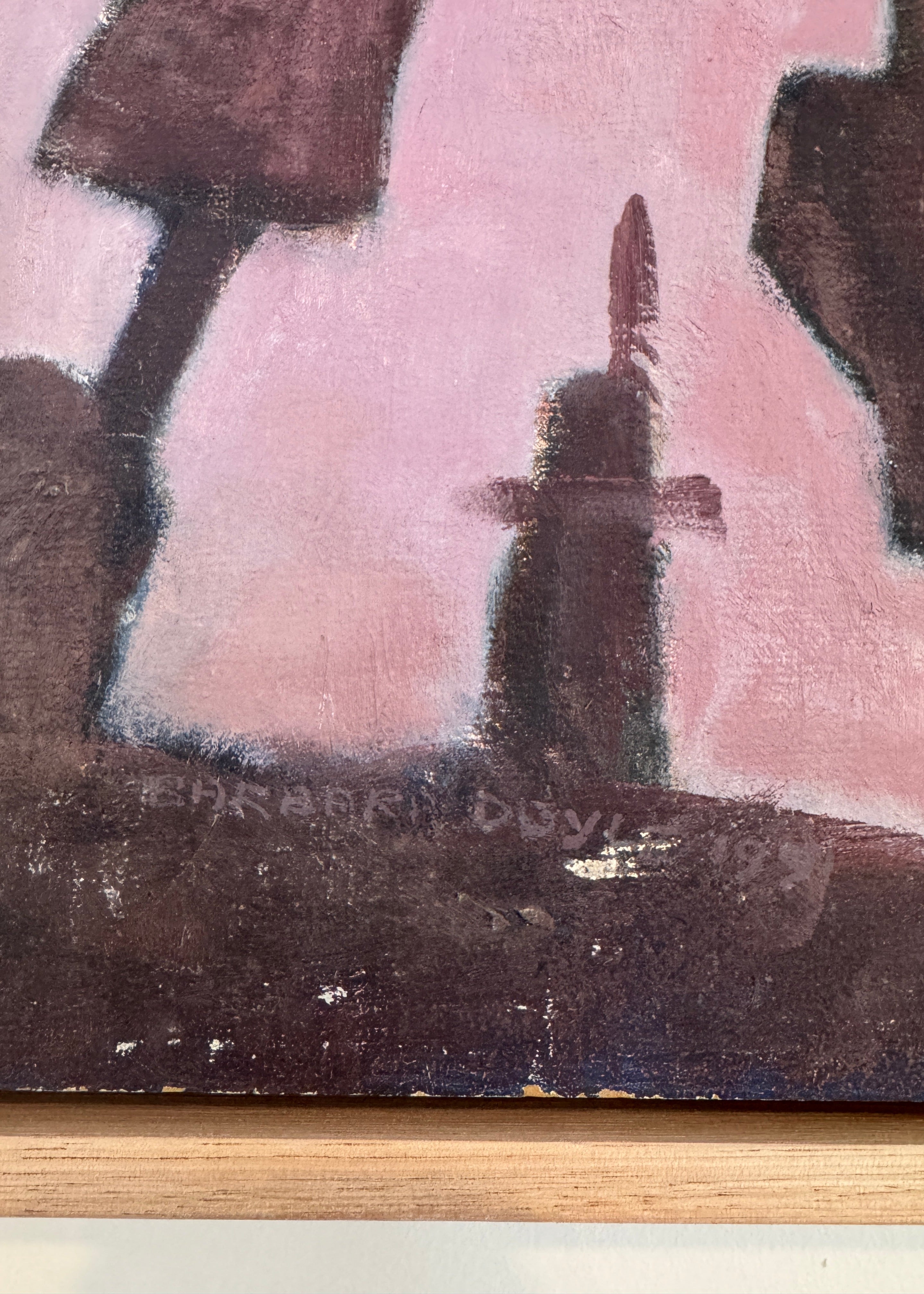 Close-up of signed vintage abstract painting on canvas with visible age patina.