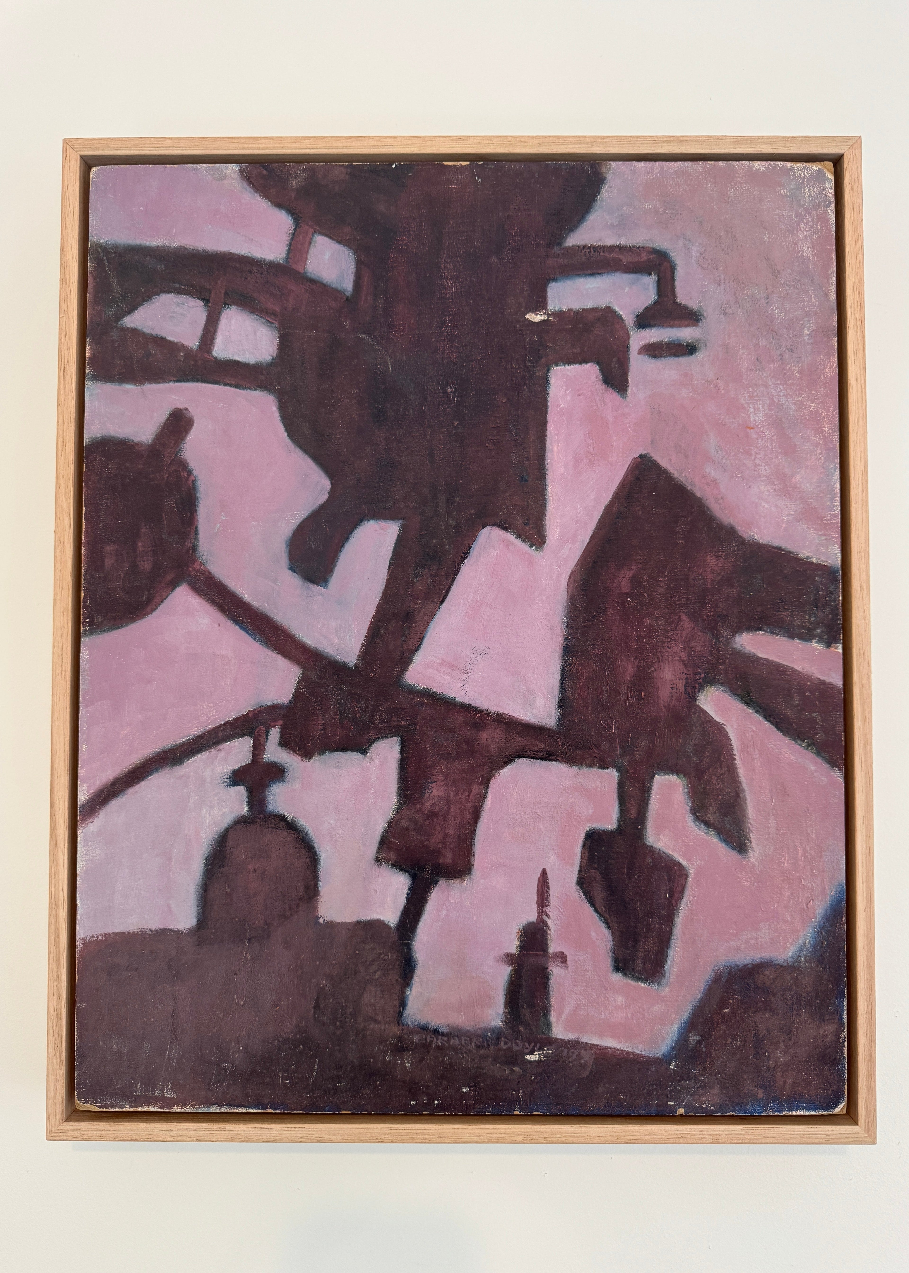 Framed vintage abstract painting in pink and deep brown tones, modernist composition on canvas.