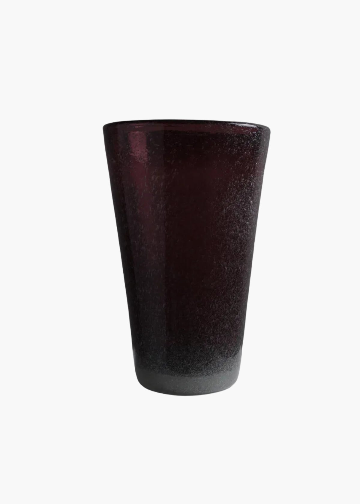 A dark, textured glass vintage vase with a deep burgundy and black gradient, displayed on a white pedestal against a dark gray background.