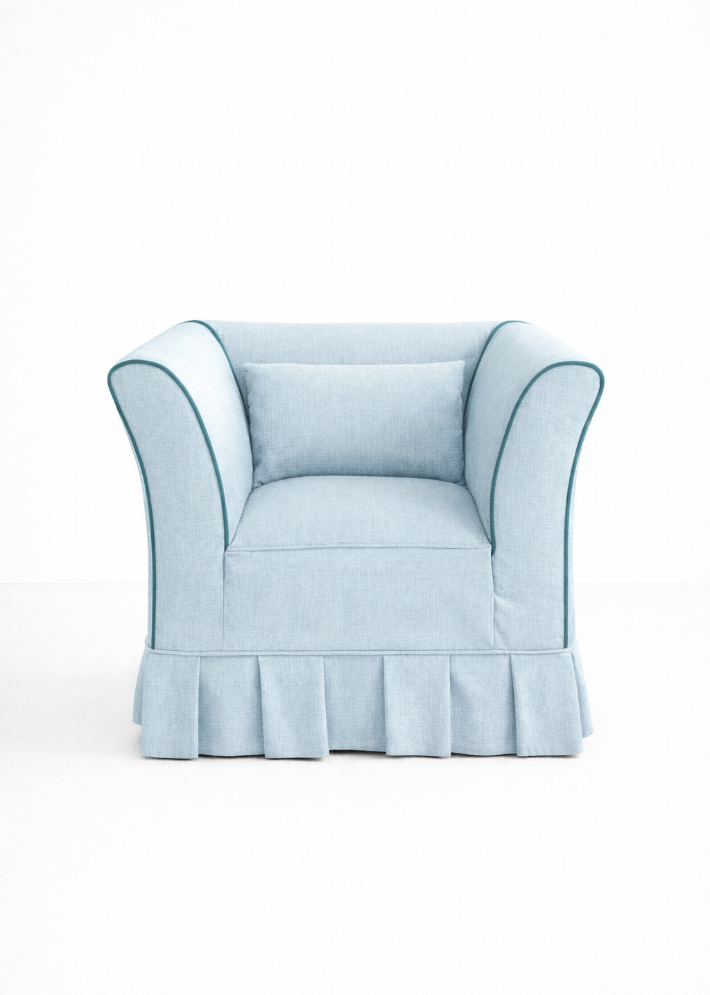 Light blue armchair with a ruffled skirt on a white background