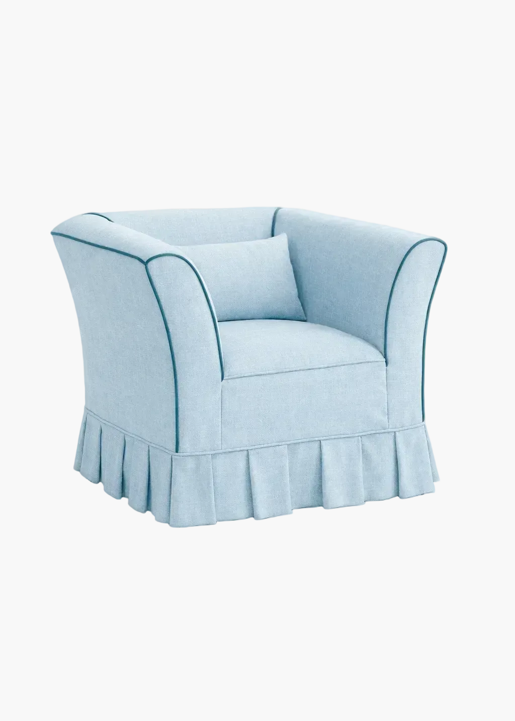 Powder blue upholstered armchair with contrast piping and skirted base.