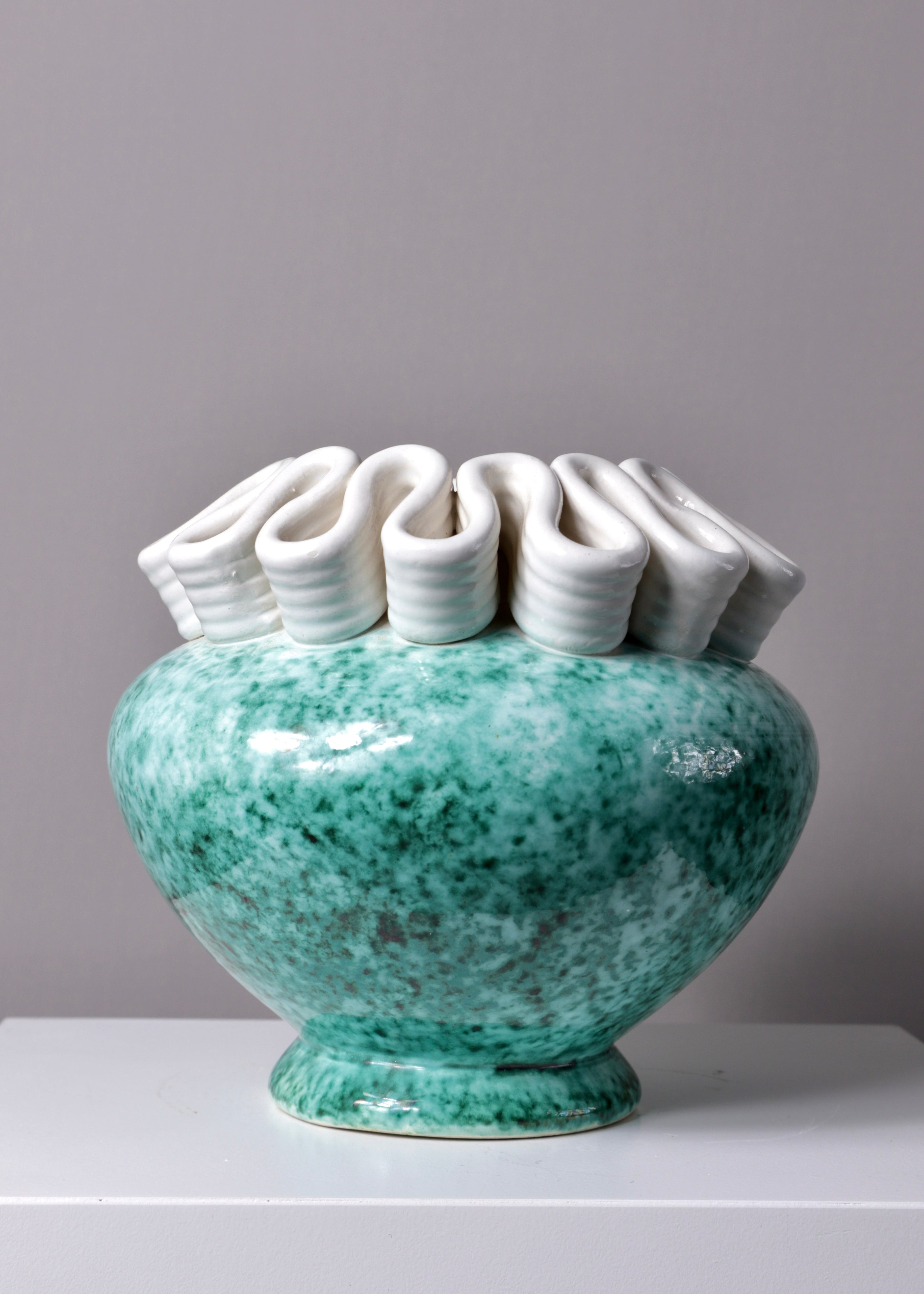 French Saint-Radegonde ceramic vase with sculptural folded rim and green mottled glaze