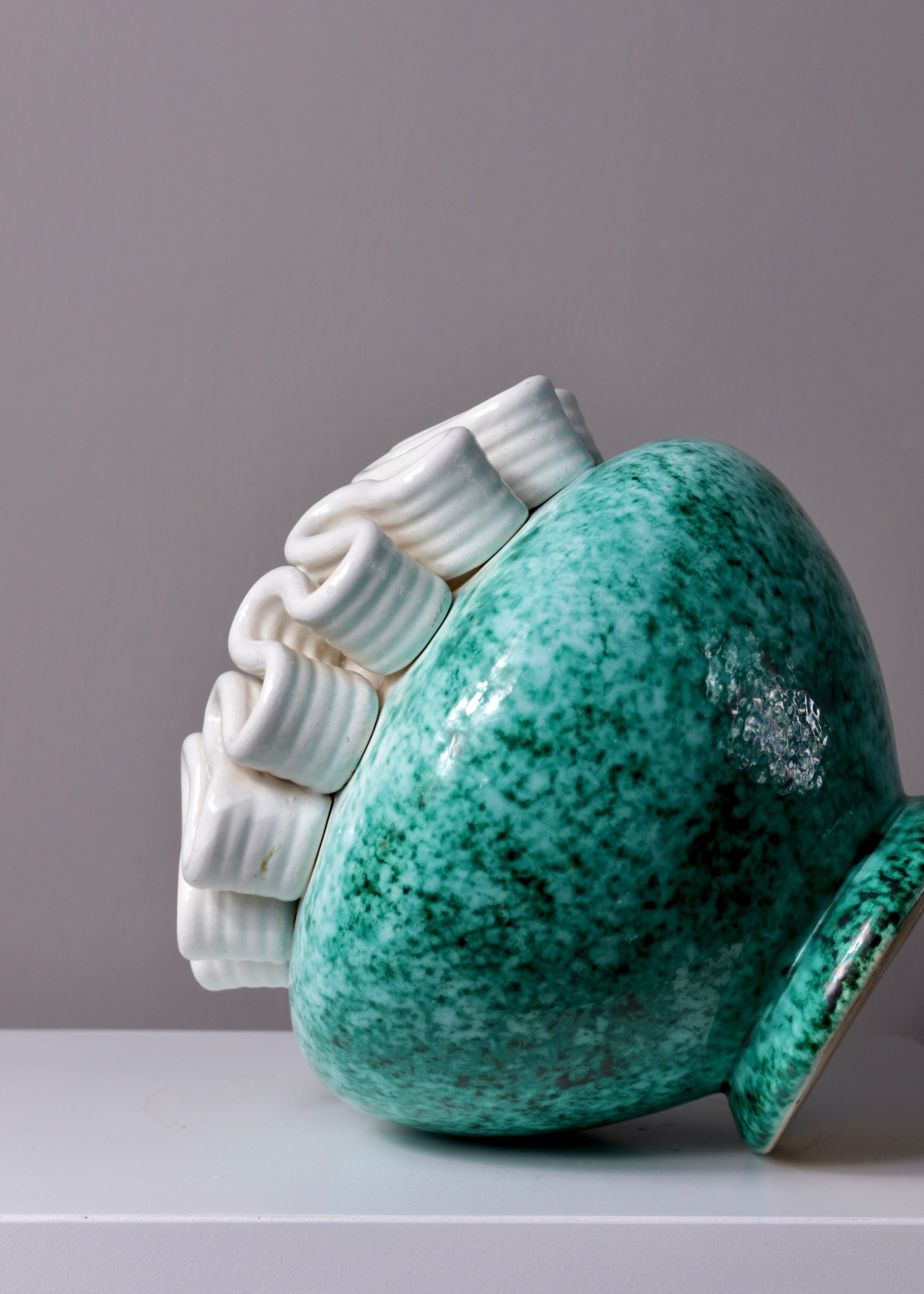 French Saint-Radegonde ceramic vase with sculptural folded rim and green mottled glaze