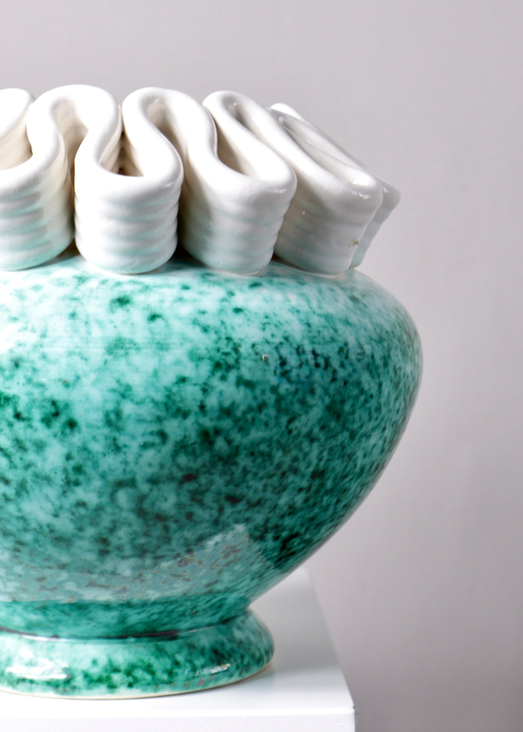 French Saint-Radegonde ceramic vase with sculptural folded rim and green mottled glaze