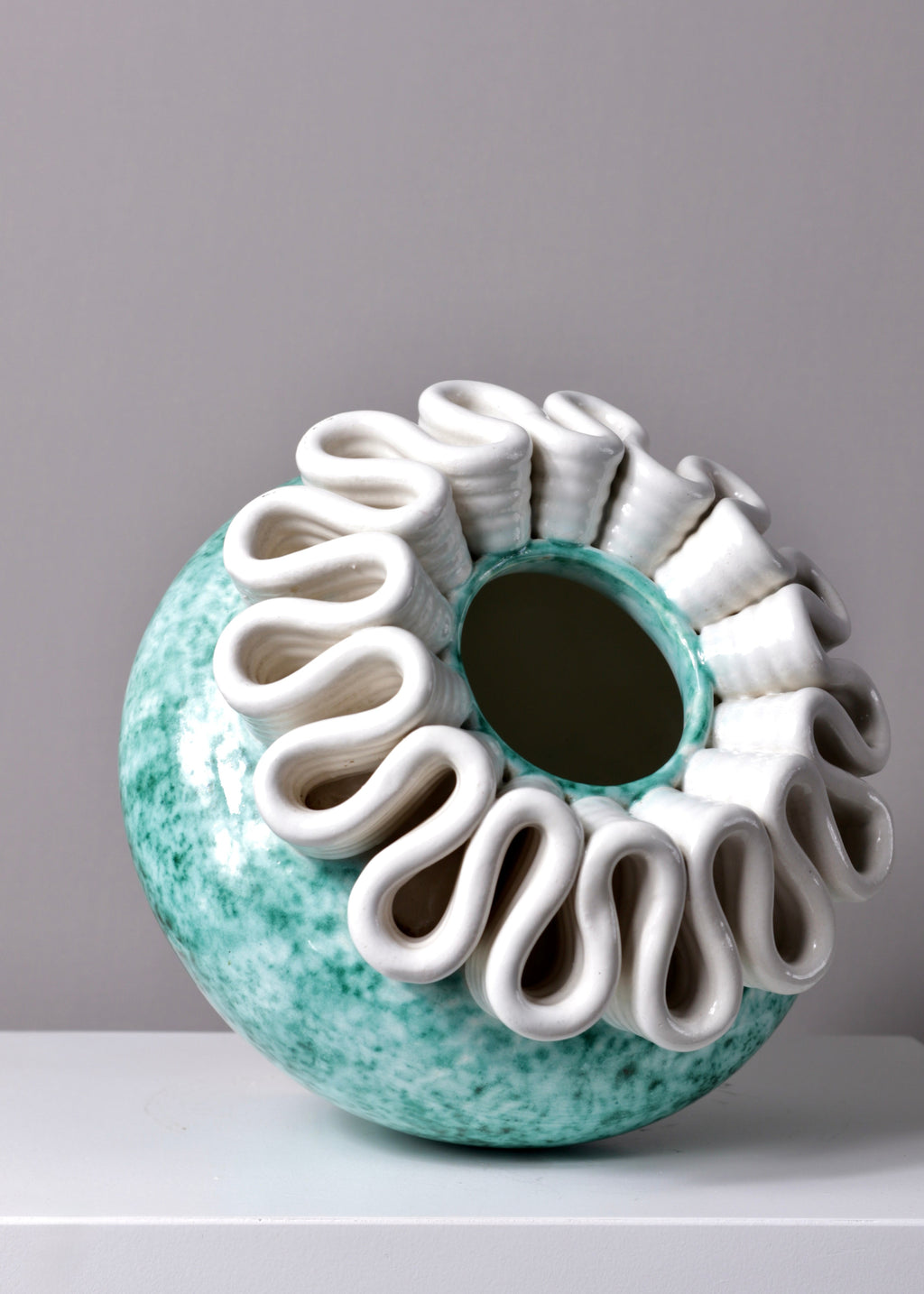 French Saint-Radegonde ceramic vase with sculptural folded rim and green mottled glaze
