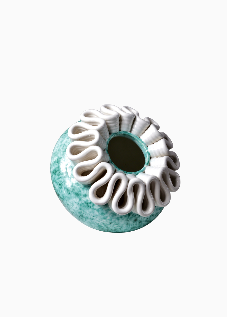 A round ceramic vase from saint-radegonde a textured turquoise and white speckled base, featuring a wide rim of white wavy, petal-like flaps surrounding a central opening, shown against a plain white background.