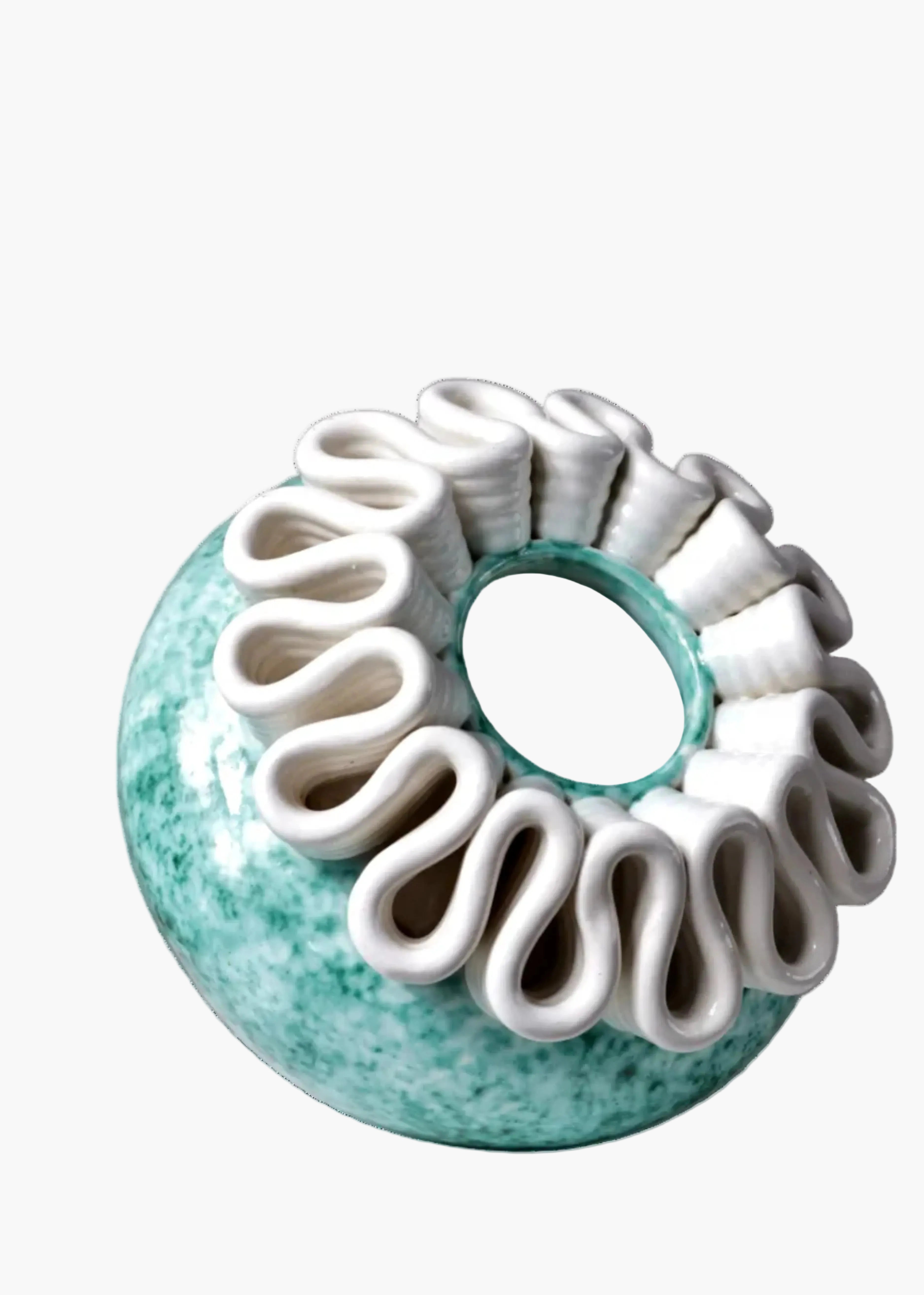 French Saint-Radegonde ceramic vase with sculptural folded rim and green mottled glaze