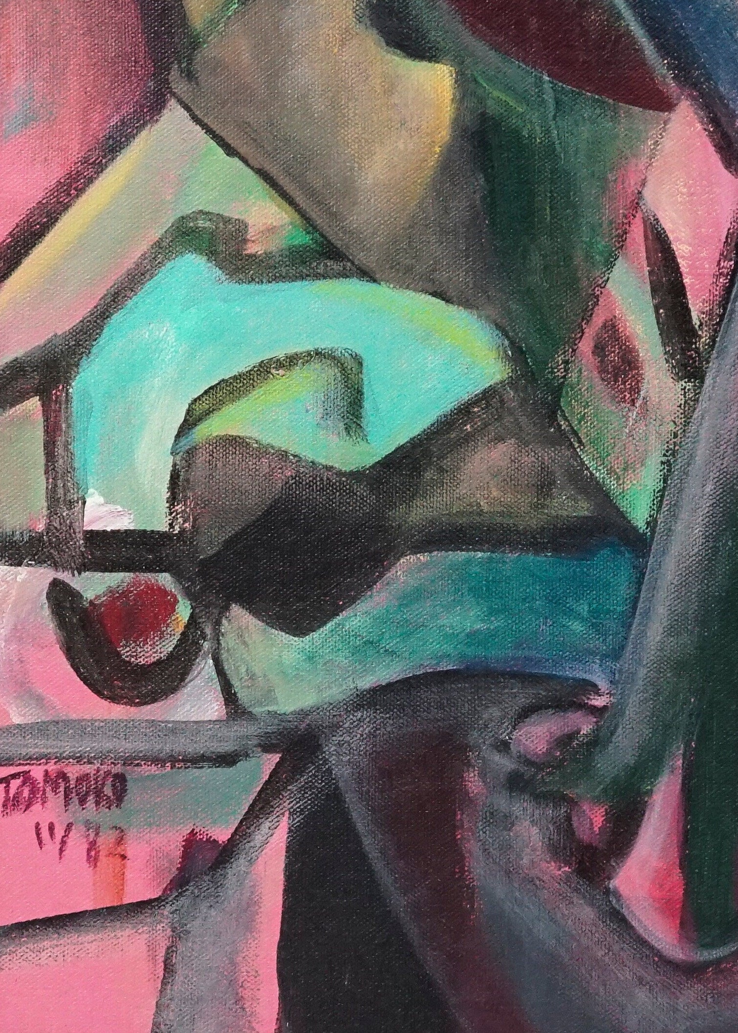 Cubist figurative oil painting by Tomoko, 1982, featuring angular abstracted human forms in layered colours.