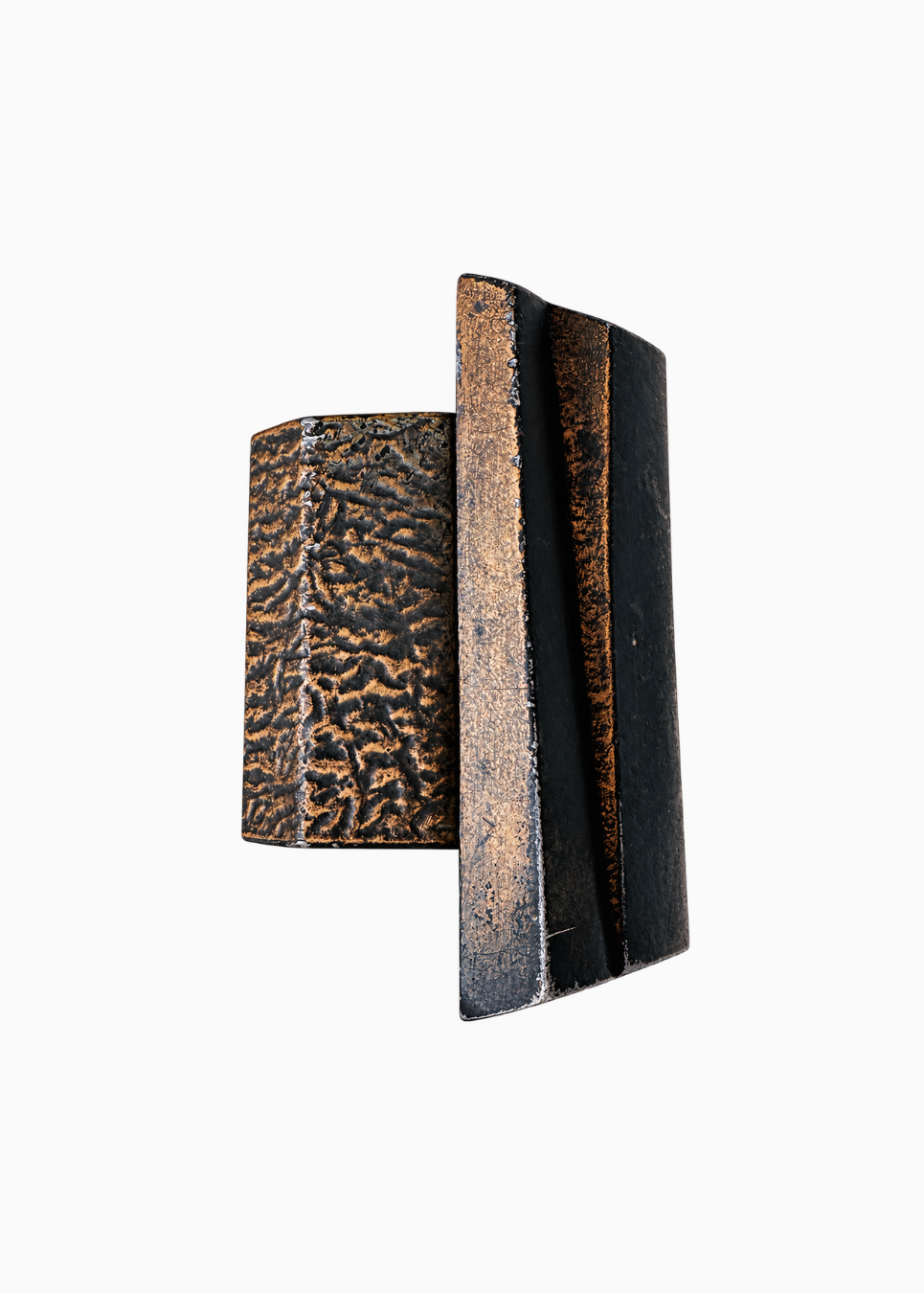 Vintage Brutalist sculptural door handle in dark patinated metal with angular folded grip and textured rectangular mounting plate.