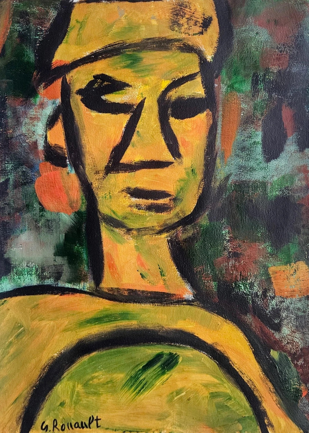 An abstract expressionist painting of a stylized human figure with a yellow-green face and shoulders, rendered in bold black brushstrokes against a textured multicolor background of green, orange, and gray.