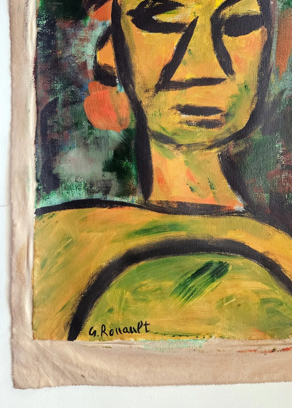 An abstract portrait painting of a woman's face and shoulders, rendered in expressive brushstrokes of yellow, green, orange, black, and gray, with a textured beige paper border visible around the edges.