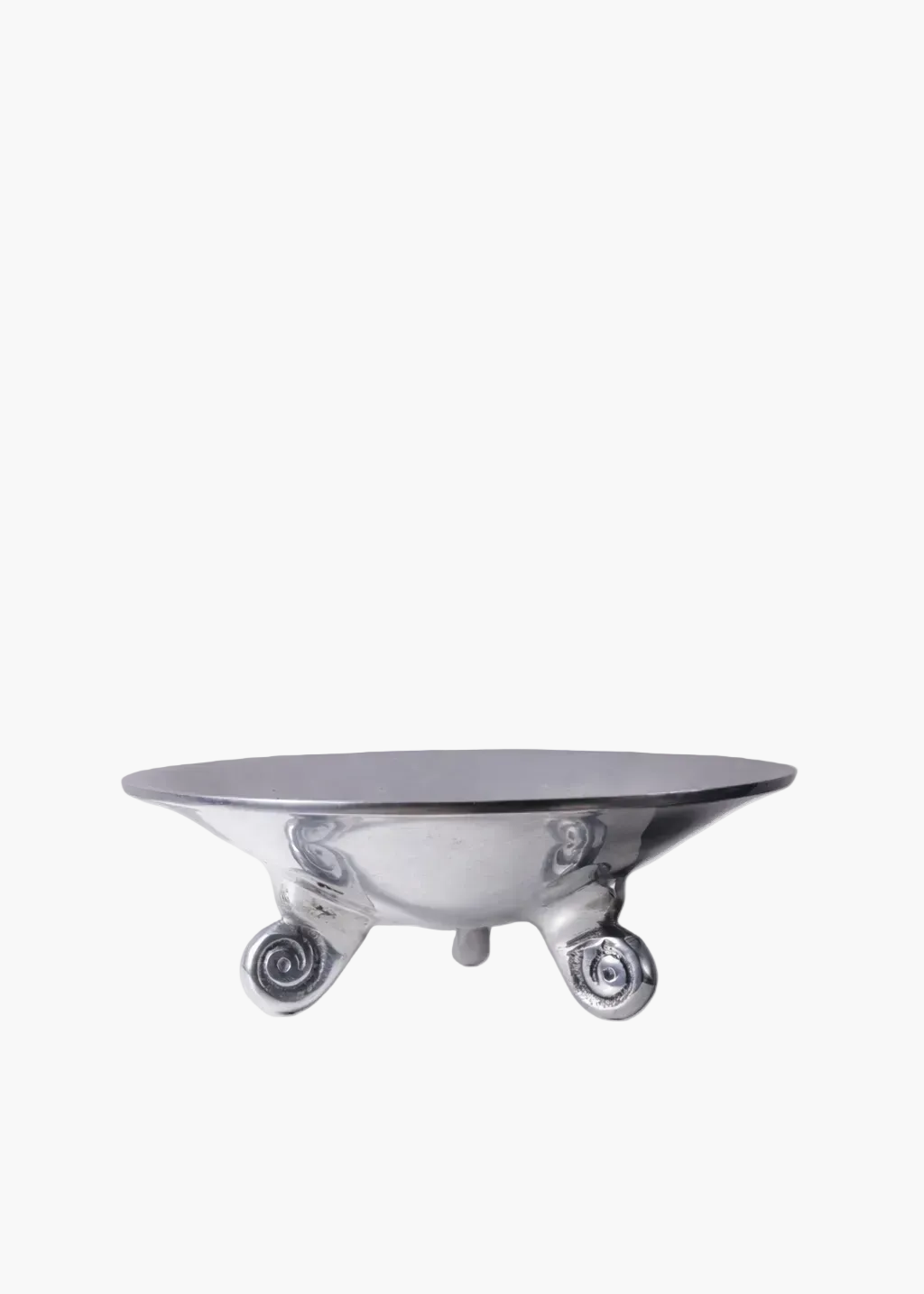 Vintage silver trinket bowl with sculptural scroll feet displayed on a white plinth